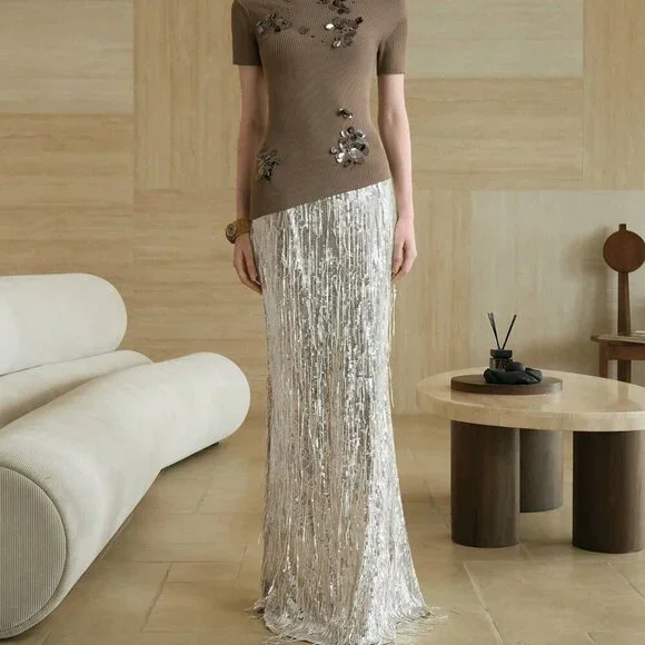 Silver Party Women's Sequin Fringe Mermaid maxi skirt - Picture 6 of 7